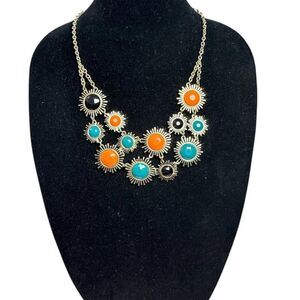 Sunburst Bib Statement Necklace Gold Tone Orange Turquoise Black Unbranded